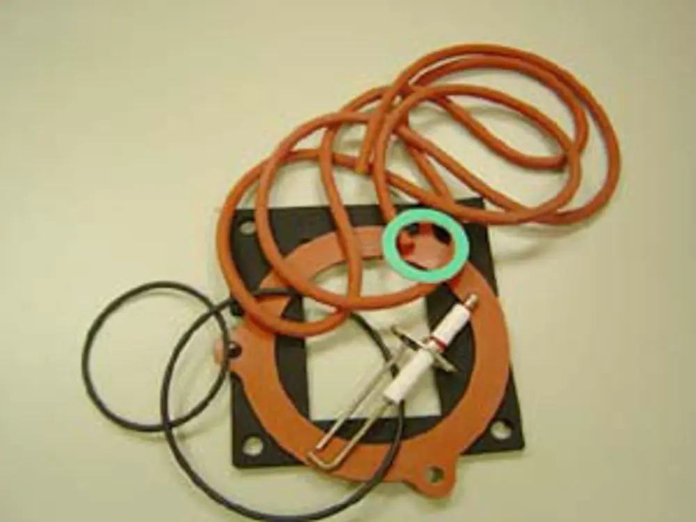 Wartungssatz bestehend aus mehreren Dichtungen und einem Sensor, geeignet für Remeha Produkte. Teile liegen auf einer neutralen Fläche.